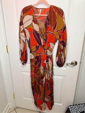 Anthropologie Boho Wrap Maxi Dress in Orange Leaf Print